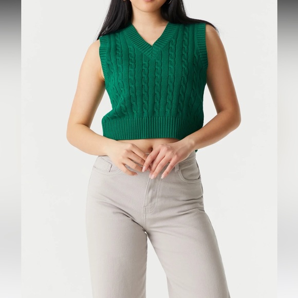 Cropped Cable Knit Vest LOT V Neck Sweater Vintage Y2K Retro XL White Green Crop - Picture 4 of 7